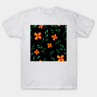 Orange Floral Pattern on Black T-Shirt